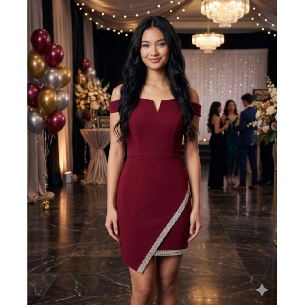 BCX Juniors Asymmetrical Wine Party Dress Rhinestone Trim Size 5